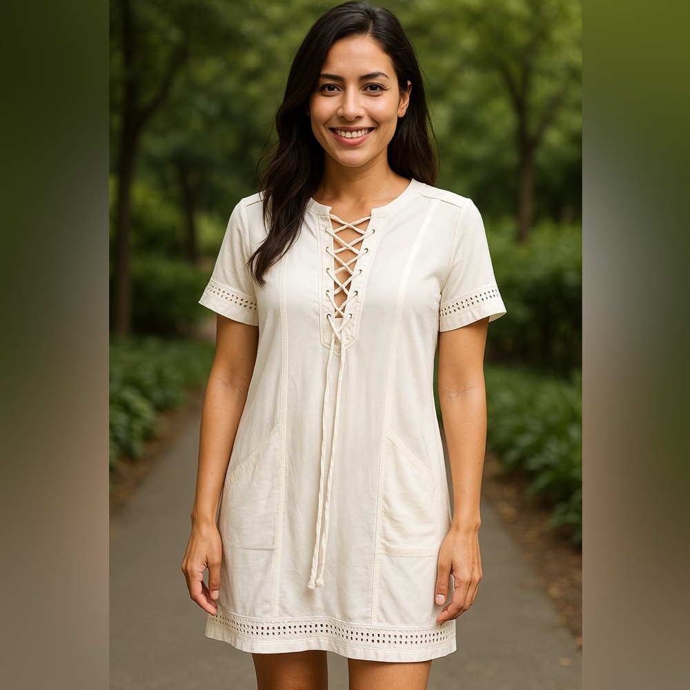 Madewell Cream Mini Dress with Lace-Up V-Neck